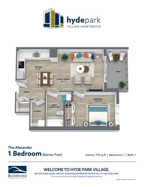 Floor plan for 1 bed, 1 bath, 710 sqft